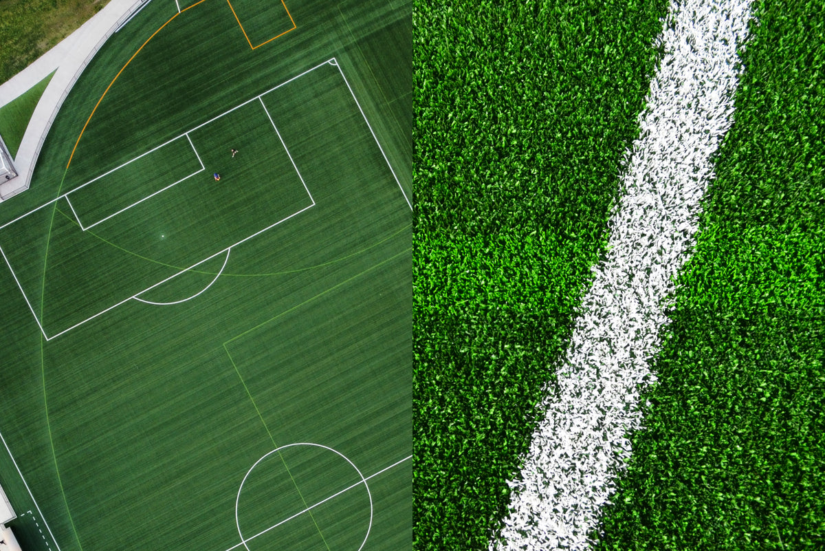 Aerial view of synthetic turf sports field and close-up of artificial grass with white line