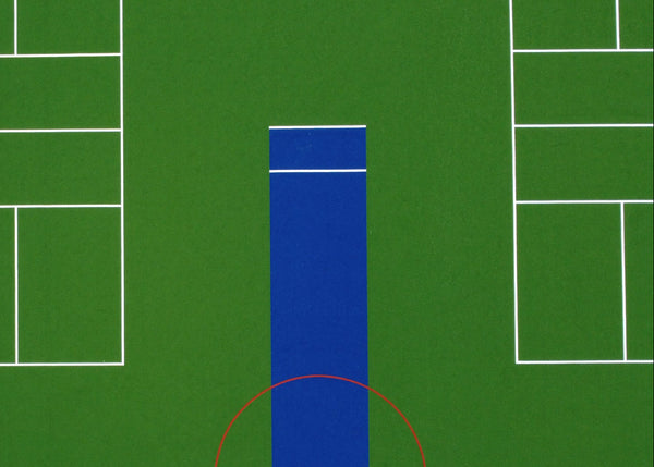 Overhead view of synthetic turf multi-sport court with tennis and pickleball markings